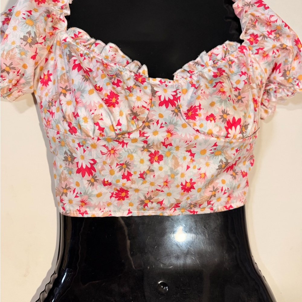 Floral Ruffle-Sweetheart Crop Top - Pink Multi